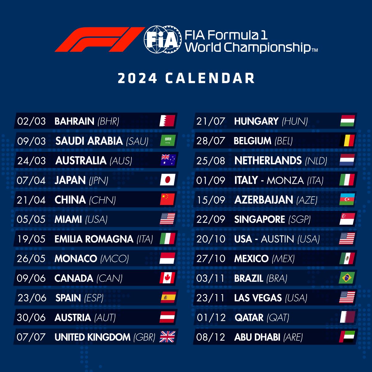 Kalender F1 2024 bekend F1 Arrangement